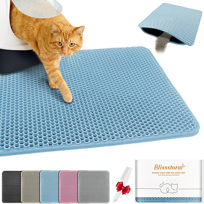 Waterproof Cat Litter Mat, Double Layer EVA, Odor-Free Large Grid, Urine Proof, Easy Cleanup 24 x 35, Blue