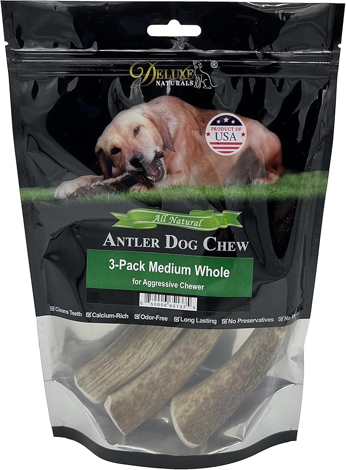3-Pack Medium Whole Elk Antler Dog Chews (5.5-8+ in) – Long Lasting Natural Dog Chews for Medium Dogs & Aggressive Chewers Under 40 lbs – Durable Bone for Teeth Cleaning & Boredom