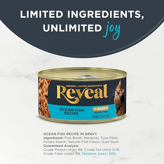 Reveal Natural Wet Canned Cat Foody, Limited and Natural Ingredients, Grain Free, High Protein with No Artificial Additives, Ocean Fish in Gravy (24 x 2.47 oz Cans)