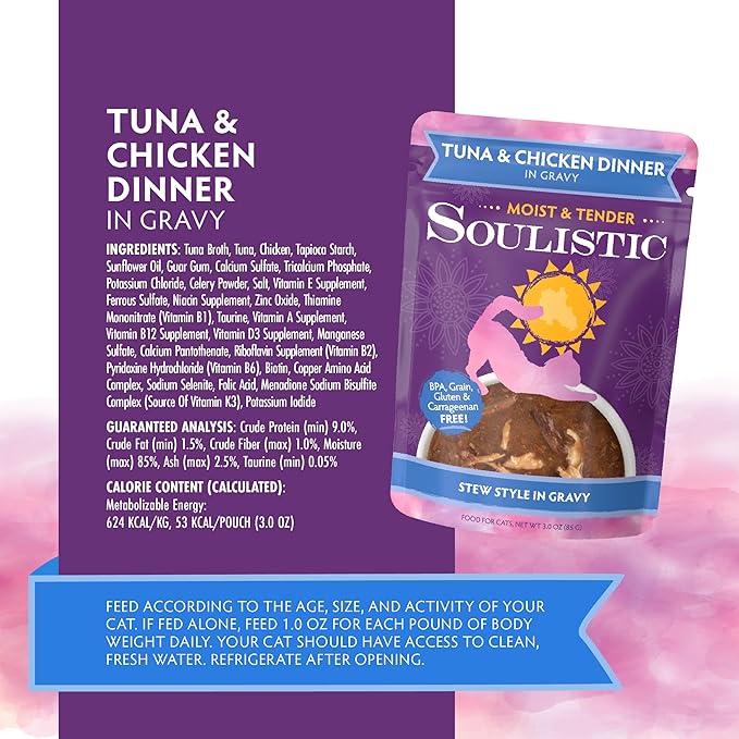 Soulistic Moist and Tender, Tuna and Chicken Dinner in Gravy, 3oz Pouch, Pack of 8