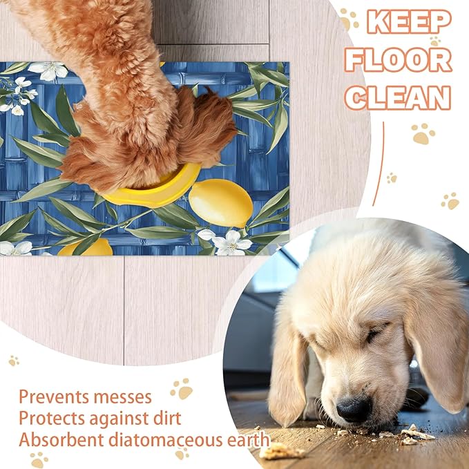 Lemon Dog Food Mat for Floors Absorbent Dog Bowl Mat for Food and Water Dispenser Quick Dry Cat Food Placemat Pet Supplies 16" x 24", Leaves Flower