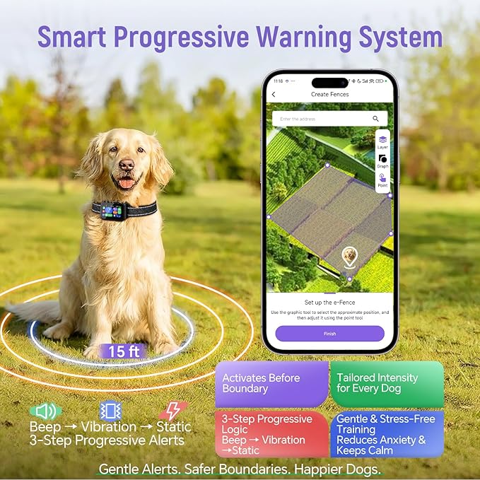 GPS Wireless Dog Fence – with Dog Collar & Free App, Custom GPS Fence, Beep/Vibration/Static Modes, IP67 Waterproof, Long Battery Life, for Dogs 10–120 lbs