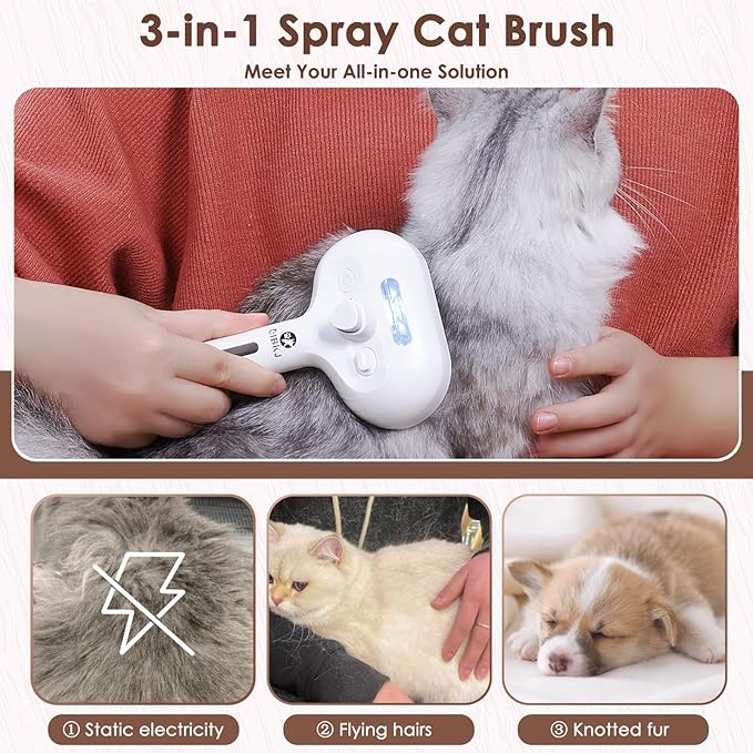 Rechargeable Cat Grooming Brush with Steam - Removes Static Hair, Easy to Clean, Friendly for Dogs