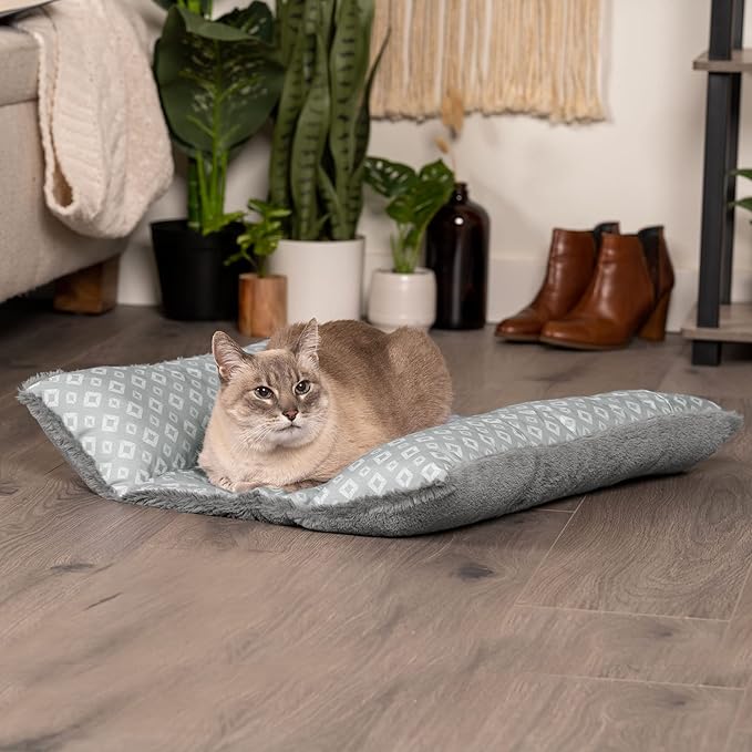 Furhaven Cat Bed for Indoor Cats, Washable w/ Removable Bolsters, For Pets Up to 18 lbs - Plush & Diamond Print Cuddle Loaf Mat - Gray, Large