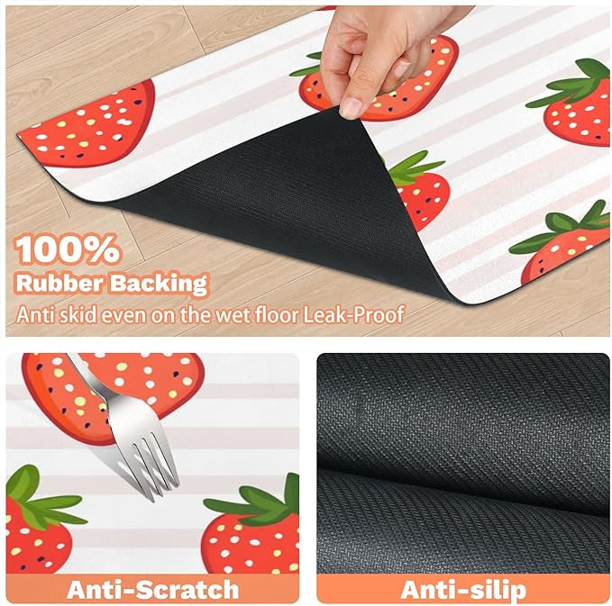 Red Strawberry Dog Food Mat for Floors Absorbent Dog Bowl Mat for Food and Water Dispenser Quick Dry Cat Food Placemat Pet Supplies 16" x 24", Stripe