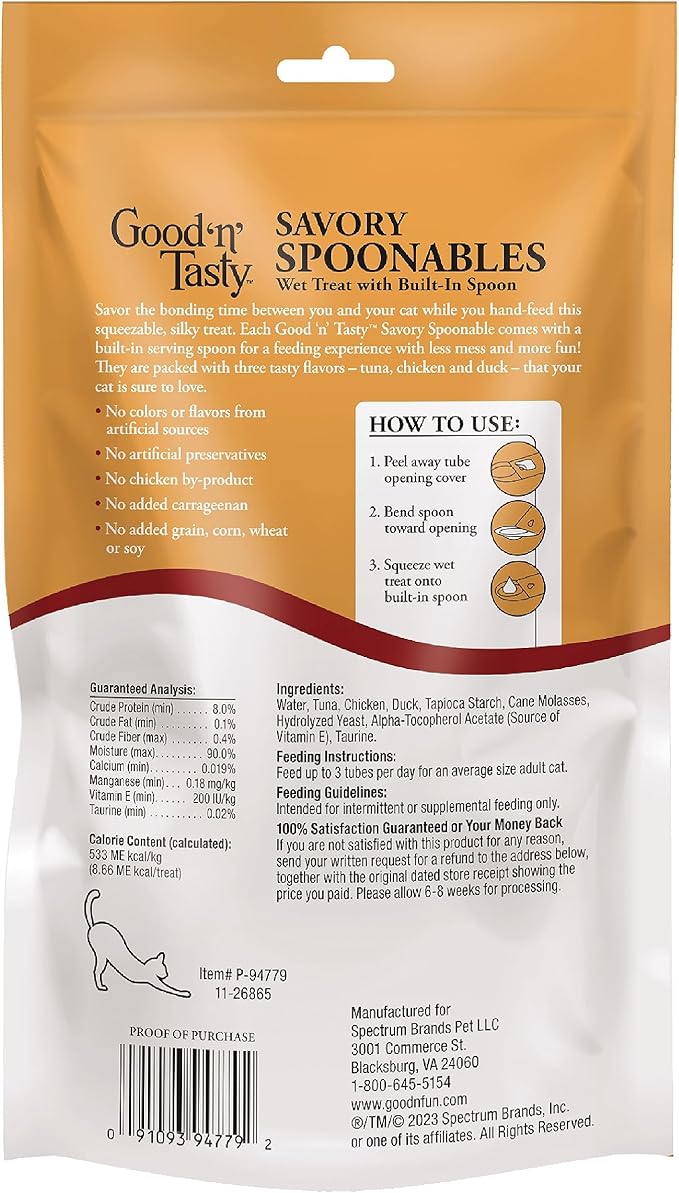Good 'n' Tasty Savory Spoonables with Real Tuna, Chicken and Duck for Cats, 10 Count, Treat Your Cat to Triple Flavor Squeezable Lickable Wet Treats with Built-in Spoon for Less Mess