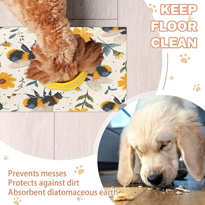 Boho Bee Dog Food Mat for Floors Absorbent, Quick Dry Water Dispenser Mat for Food, Water, Pet Supplies 24" x 32", Spring Floral