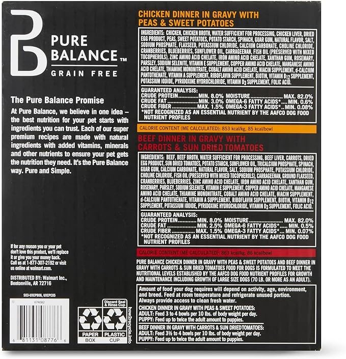 Pure Balance Grain-Free Wet Dog Food Variety Pack, Chicken Dinner with Peas & Sweet Potatoes and Beef Dinner with Carrots & Sun Dried Tomatoes in Gravy, 3.5 oz Cups (12 of 3.5 oz Cups)