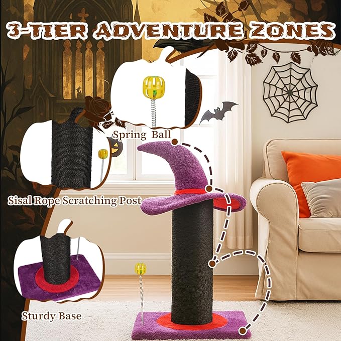 Halloween Wizard Hat Cat Scratching Post with Interactive Spring Ball Toy, Purple Spooky Theme,Activity Cat Play Center, 40 * 30 * 60cm