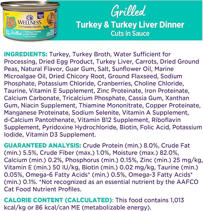 Wellness Complete Health Grilled, Adult Wet Cat Food, Natural, Protein-Rich, Grain-Free, Canned, 3 Ounce, 12 Pack, (Turkey and Turkey Liver Dinner Recipe)