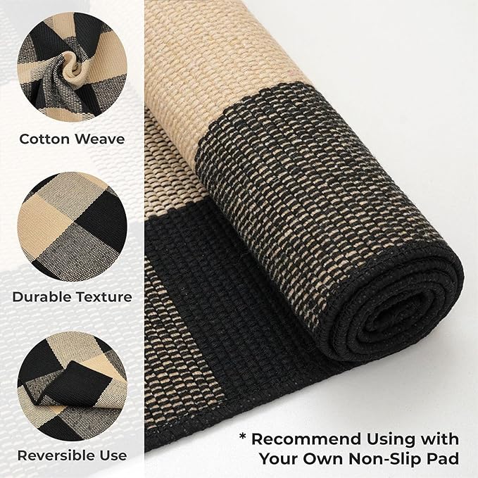 KOZYFLY Buffalo Plaid Area Rug 4 x 6 Ft Brown and Black Checkered Rug Washable Outdoor Rugs Cotton Rugs for Bedroom Front Door Mat Carpet for Front Porch Living Room Dining Room Kitchen
