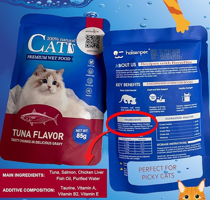 Cats Premium Wet Food 85g Pouch — Moist, Soft Cat Food Mixer, Topper and Rotational Meal (3-Pack, Tuna)