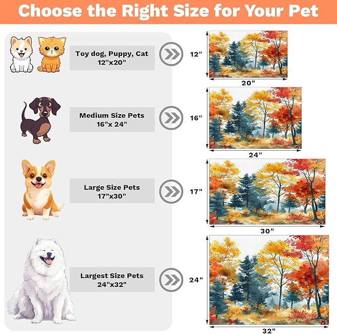 Fall Forest Dog Food Mat for Floors Absorbent, Quick Dry Water Dispenser Mat for Food, Water, Pet Supplies 17" x 30", Maple Tree