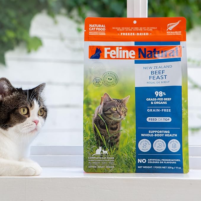 Feline Natural High Protein Dry Cat Food, Freeze-Dried Diet with 98% Meat, Organs & Seafood, No Peas, Grains, or Artificial Additives, Made in New Zealand, Beef, 11oz