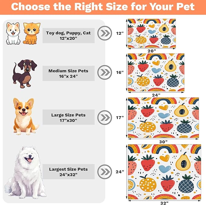 Boho Strawberry Dog Food Mat for Floors Absorbent Dog Bowl Mat for Food and Water Dispenser Quick Dry Cat Food Placemat Pet Supplies 24" x 32", Colorful Rainbow