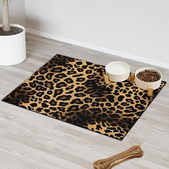 Leopard Print Dog Food Mat for Floors Absorbent Dog Bowl Mat for Food and Water Dispenser Quick Dry Cat Food Placemat Pet Supplies 24" x 32", Wild Animal Skin