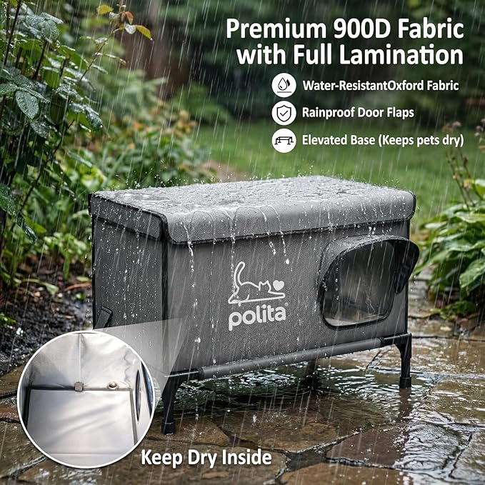 Polita Indestructible Heated Cat House for Outdoor Cats All Seasons, Extremely Insulated & 100% Weatherproof, Elevated Feral Cat Shelter with Waterproof Eaves &Safe Escape Door for Stray & Barn Cats