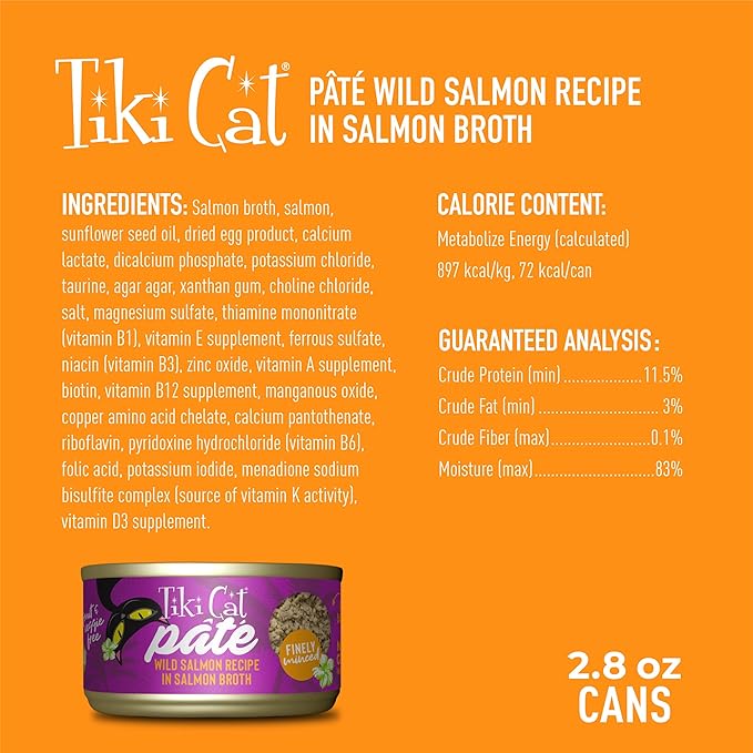 Tiki Cat Luau Pâté, Wild Salmon Recipe in Salmon Broth, Grain-Free Balanced Nutrition Wet Canned Cat Food, for All Life Stages, 2.8 oz. Cans (Pack of 12)