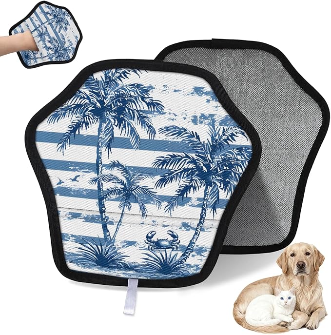 Reusable Pet Hair Removal Glove Palm Trees Crab Magic Brush for Cat & Dog Hair Remover for Car, Sofa, Bedding, Clothes - 9x9 Mitt Washable