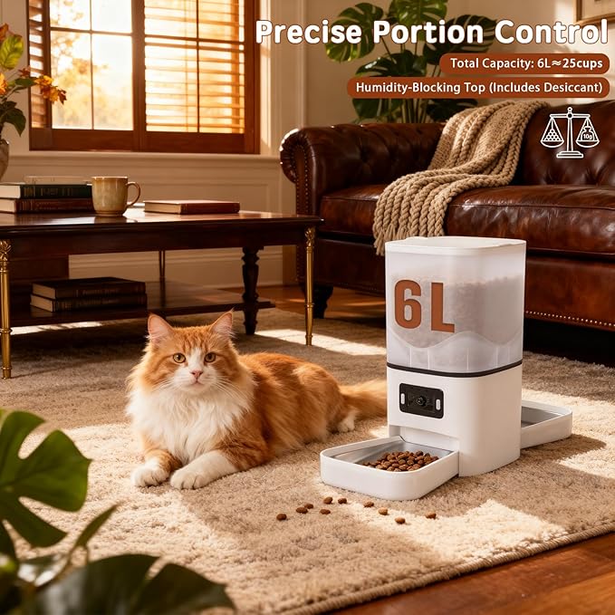Automatic Cat Feeder with Dual HD Cameras for 2 Cats, 5G/2.4G WiFi Smart Pet Feeder with Night Vision, APP Control, Portion & Schedule Feeding, Multi-Pet Auto Food Dispenser-6L