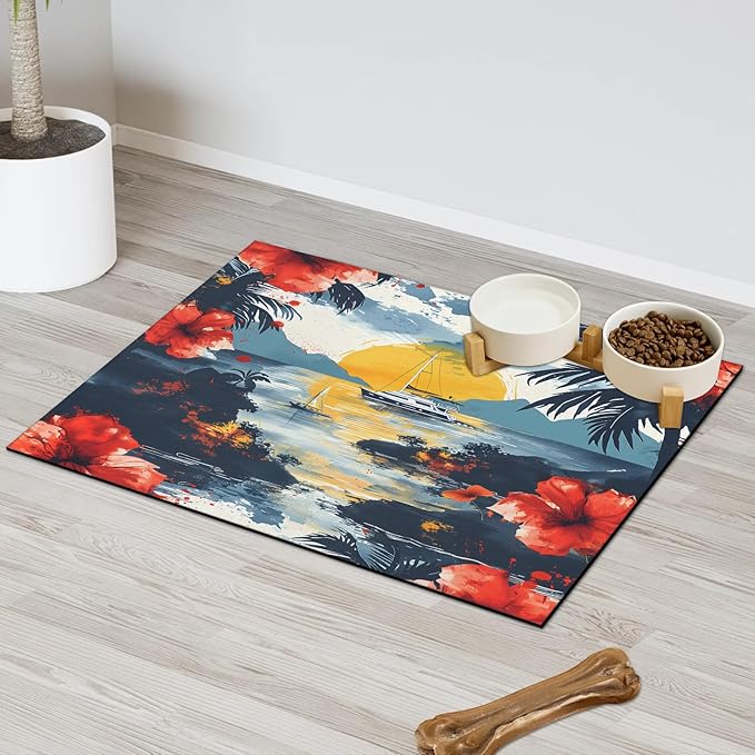 Sea Ship Dog Food Mat for Floors Absorbent, Quick Dry Water Dispenser Mat for Food, Water, Pet Supplies 12" x 20", Flower
