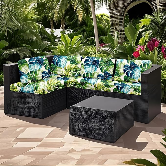 HANDONTIME 8Pcs Outdoor Patio Cushion Covers Green Leaves Stretch Couch Cushion Cover Patio Couch Slipcover for Outdoor Washable Non-Slip Furniture Protector for Pet Sofa Cover(Green,Cover Only)