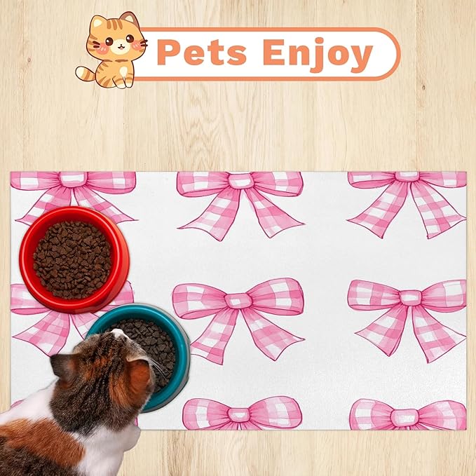 Plaid Bow Dog Food Mat for Floors Absorbent, Quick Dry Water Dispenser Mat for Food, Water, Pet Supplies 17" x 30", Pink Bowknot