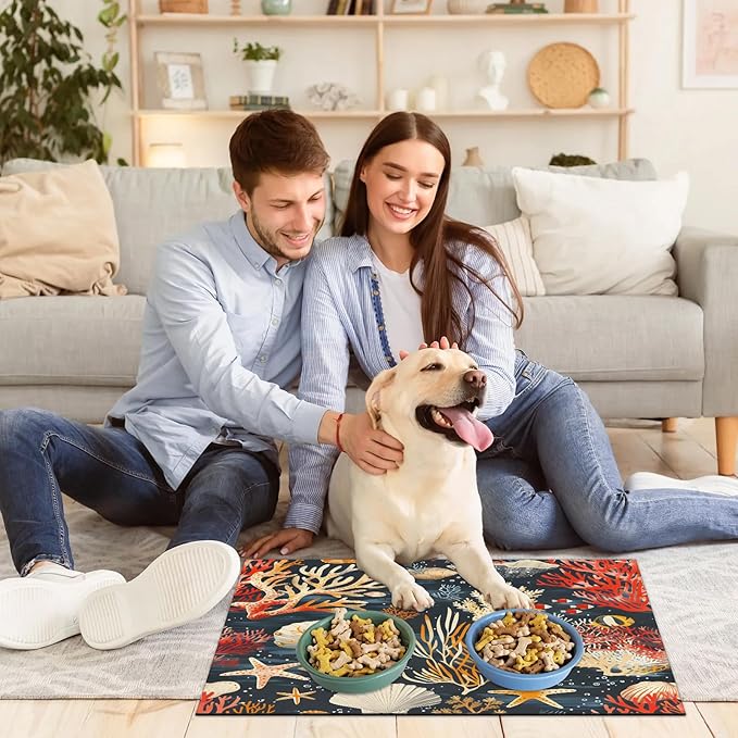 Sea Ocean Dog Food Mat for Floors Absorbent Dog Bowl Mat for Food and Water Dispenser Quick Dry Cat Food Placemat Pet Supplies 16" x 24", Seashell