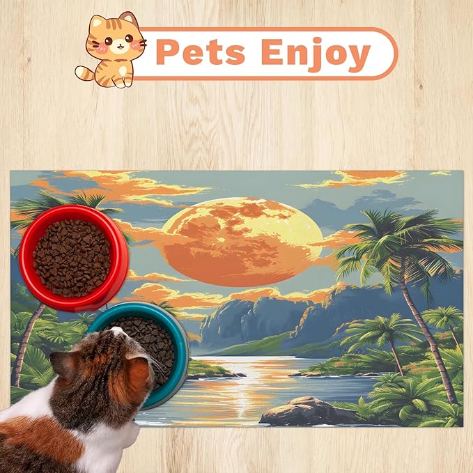 Sea Ocean Dog Food Mat for Floors Absorbent, Quick Dry Water Dispenser Mat for Food, Water, Pet Supplies 12" x 20", Palm Tree