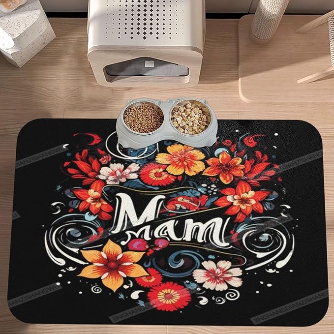Absorbent Dog Water Cat Mat for Food Water Bowl Quick Dry Happy Mother's Day Floral Gift for Mom Kp Pet Feeding Mats No Stains Dog Food Mat Pet Accessories Supplies Cat Bowl Mats 24x16In