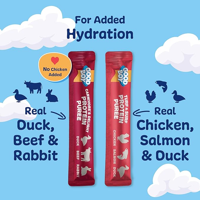 Good Boy Protein Purees Variety Pack Dog Food Mixers for All Adult Dogs, 90 Count, Easy Single-Serve Triple Flavor Topper Treats with Chicken, Salmon, Duck, Beef and Rabbit