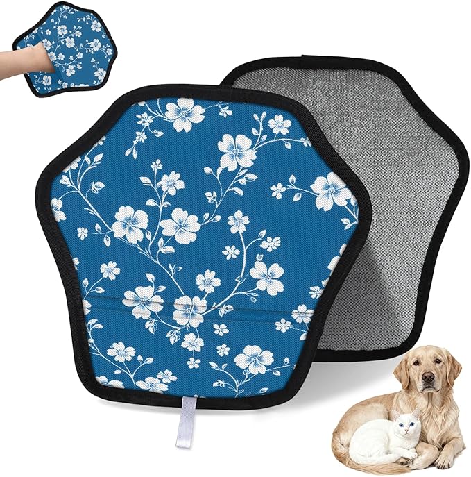Reusable Pet Hair Removal Glove Flower Floral Print Magic Brush for Cat & Dog Hair Remover for Car, Sofa, Bedding, Clothes - 9x9 Mitt Washable