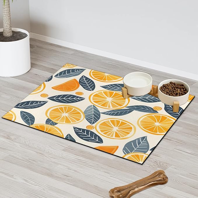 Lemon Dog Food Mat for Floors Absorbent Dog Bowl Mat for Food and Water Dispenser Quick Dry Cat Food Placemat Pet Supplies 24" x 32", Leaves