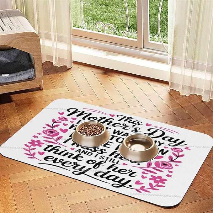 Pet Feeding Mats with Residue Collection Happy Mother's Day Floral Gift for Mom Ju Waterproof Dog Cat Bowl Mat 24x16In with Prevent Water Food Spills