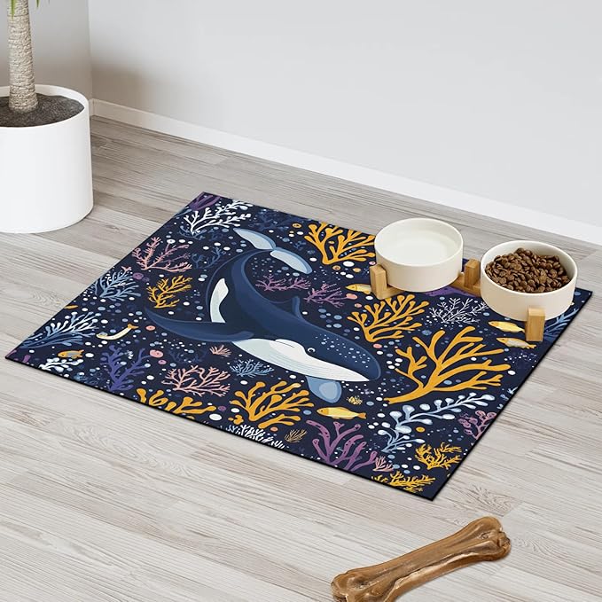 Black Shark Dog Food Mat for Floors Absorbent Dog Bowl Mat for Food and Water Dispenser Quick Dry Cat Food Placemat Pet Supplies 16" x 24", Boho Ocean Fish