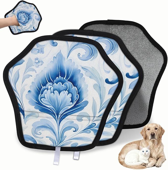 Reusable Pet Hair Removal Glove Blue Floral Watercolor Magic Brush for Cat & Dog Hair Remover for Car, Sofa, Bedding, Clothes - 9x9 Mitt Washable