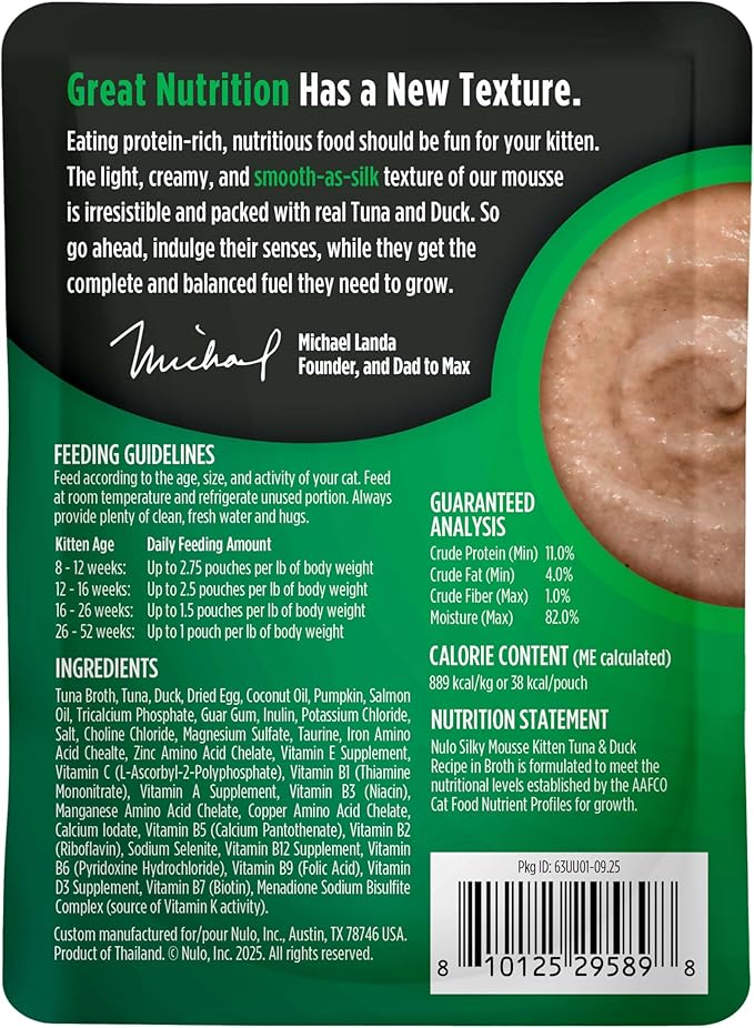 Nulo Silky Mousse Tuna & Duck Recipe in Broth for Kittens, 1.75 oz Pouch, Case of 12