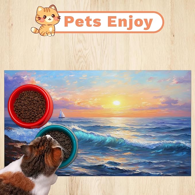 Summer Beach Dog Food Mat for Floors Absorbent, Quick Dry Water Dispenser Mat for Food, Water, Pet Supplies 17" x 30", Sunrise
