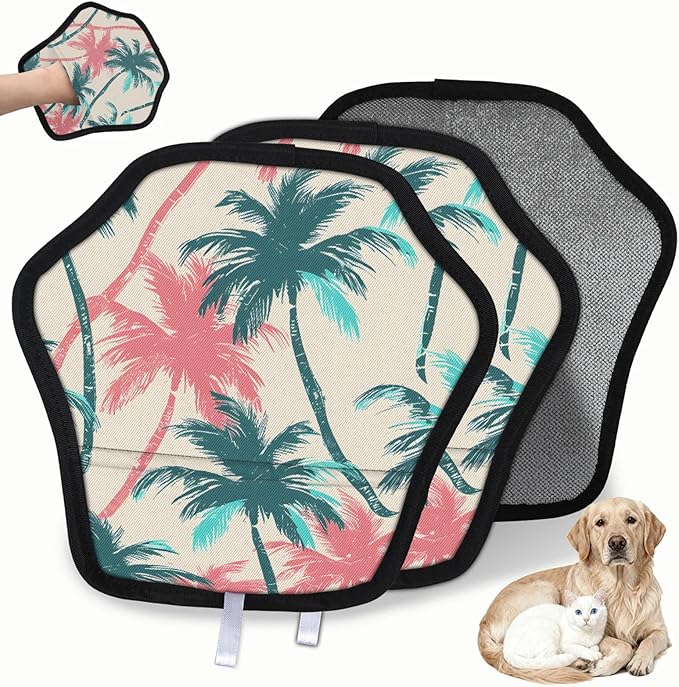 Coconut Tree Theme Electrostatic Pet Hair Removal Glove for Cats & Dogs - Reusable Grooming Mitt for Couch, Carpet, Car Seat & Laundry - Large 9x9 Inch
