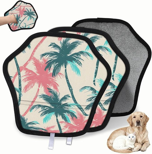 Coconut Tree Theme Electrostatic Pet Hair Removal Glove for Cats & Dogs - Reusable Grooming Mitt for Couch, Carpet, Car Seat & Laundry - Large 9x9 Inch