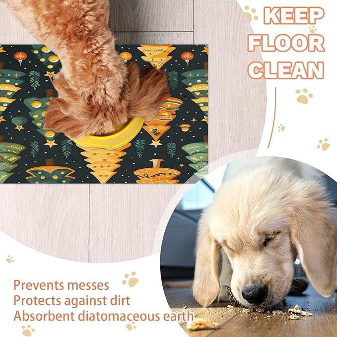 Christmas Trees Dog Food Mat for Floors Absorbent, Quick Dry Water Dispenser Mat for Food, Water, Pet Supplies 12" x 20", Xmas Tree
