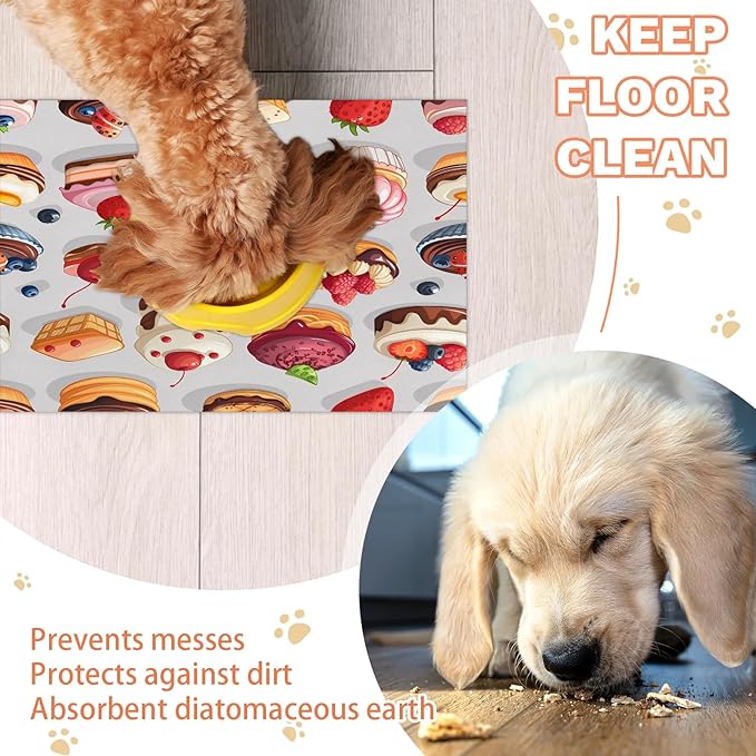 Dessert Theme Dog Food Mat for Floors Absorbent Dog Bowl Mat for Food and Water Dispenser Quick Dry Cat Food Placemat Pet Supplies 12" x 20", Colorful Cake
