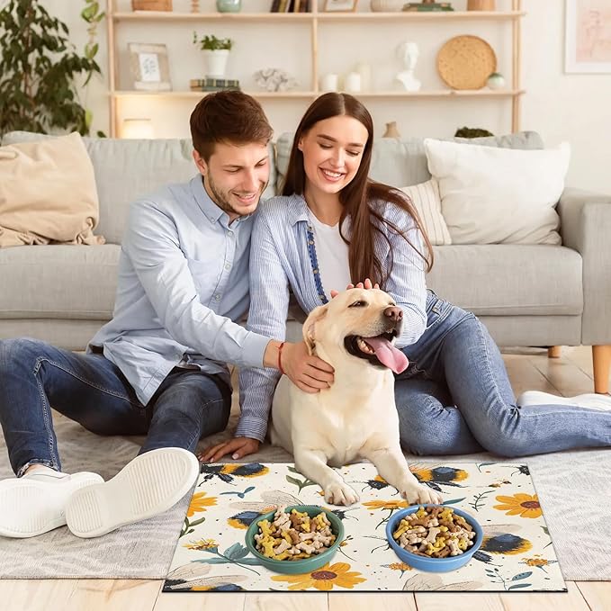 Boho Bee Dog Food Mat for Floors Absorbent, Quick Dry Water Dispenser Mat for Food, Water, Pet Supplies 12" x 20", Spring Floral