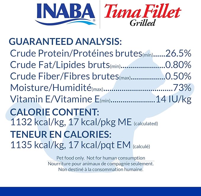 INABA Premium Hand-Cut Grilled Tuna Fillet Cat Treats/Topper with Vitamin E and Green Tea Extract, 14 Grams Each, Pack of 6, Extra Tender Tuna Broth