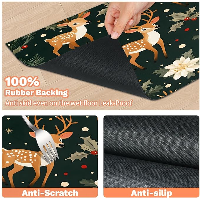 Cute Deer Dog Food Mat for Floors Absorbent, Quick Dry Water Dispenser Mat for Food, Water, Pet Supplies 24" x 32", Christmas Flower