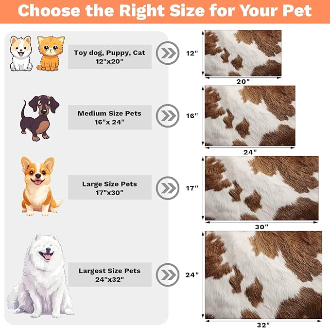 Cow Print Dog Food Mat for Floors Absorbent Dog Bowl Mat for Food and Water Dispenser Quick Dry Cat Food Placemat Pet Supplies 16" x 24", Brown White Skin