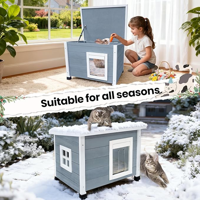 Outdoor Wooden Pet House, Weatherproof Winter Shelter for рuррy and Cats, Elevated Design with Window，100% Cedar Insulated Pet Safe Haven | Easy 15-Min Assembly (Gray-White)
