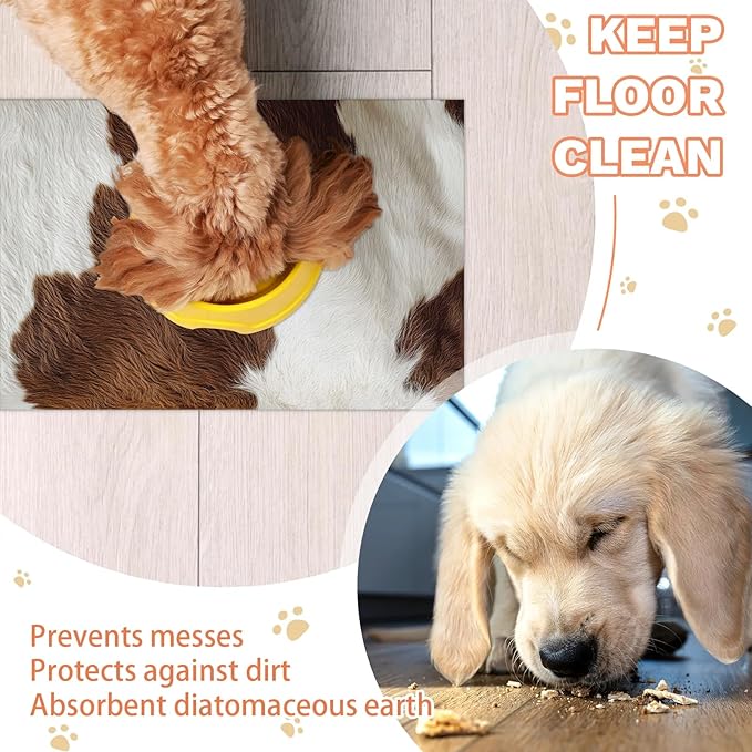 Cow Fur Dog Food Mat for Floors Absorbent Dog Bowl Mat for Food and Water Dispenser Quick Dry Cat Food Placemat Pet Supplies 17" x 30", Cow Print