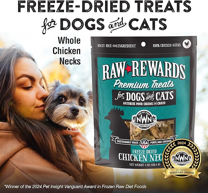 Northwest Naturals Raw Rewards Freeze-Dried Chicken Neck Treats for Dogs and Cats - Whole Neck - Healthy, 1 Ingredient, Human Grade Ingredients, All Natural, Proudly Made in USA, 4 Oz