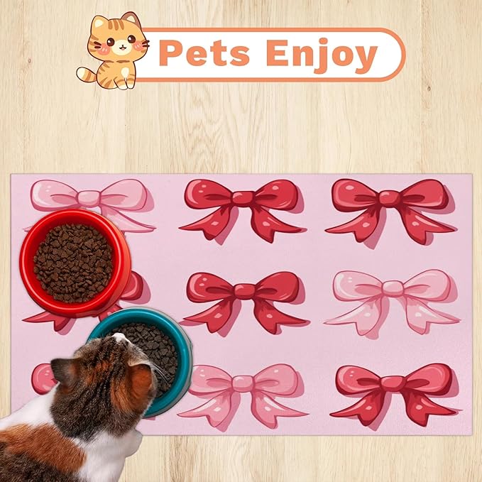 Pink Bow Dog Food Mat for Floors Absorbent, Quick Dry Water Dispenser Mat for Food, Water, Pet Supplies 17" x 30", Red Bowknot